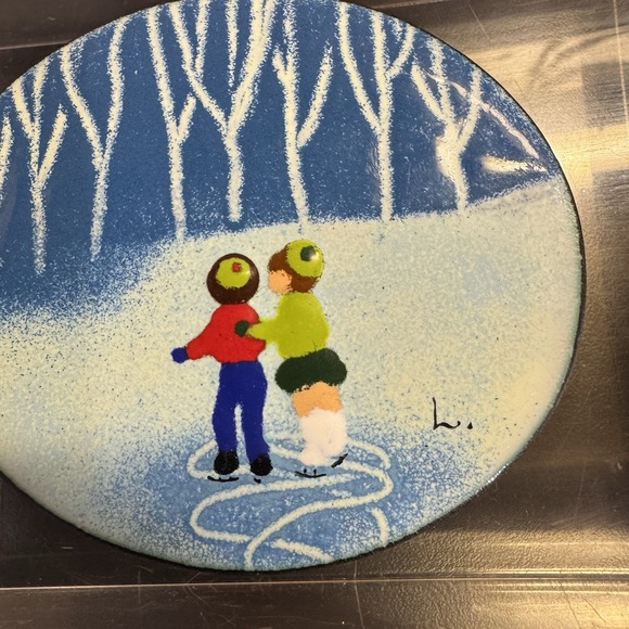 Vintage Enamel On‎ Copper Hedy Lindy Gershman Signed On Lucite Block Winter Snow